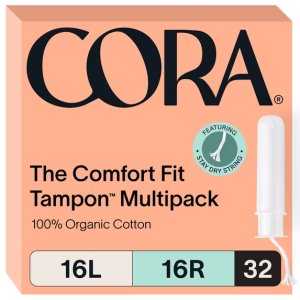 Cora Compact Applicator Tampons, Organic Cotton Core, Light/Regular, 32 Count