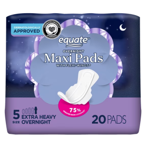 Equate Overnight Maxi Pads with Wings, Size 5, Extra Heavy Overnight Protection (20 Count)