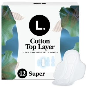 L. Ultra Thin Pads for Women, Organic Cotton Top Layer, Super Absorbency, Menstrual Pads with Wings, 42 Count