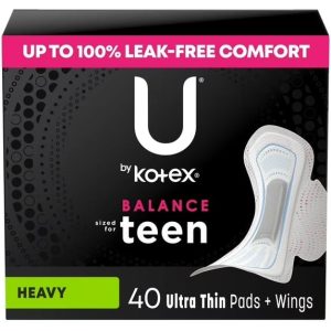 U by Kotex Balance Sized for Teens Ultra Thin Pads with Wings, Heavy Absorbency, 40 Count