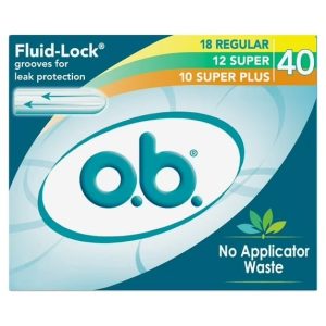 o.b. Original Applicator-Free Tampons, Multi-Pack Regular, Super, & Super Plus Absorbency, 40 CT